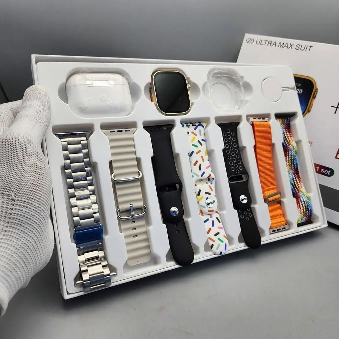 I20 Ultra Max suit Smart Watch 10 in 1 box 2.3inch large screen with 7 strips smartwatch With Airpords2 (random color)