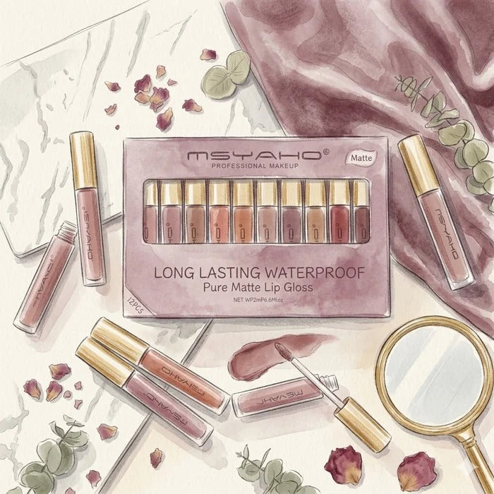 MSYAHO Long‑Lasting Pure Matte Lip Gloss – Pack of 12 Shades