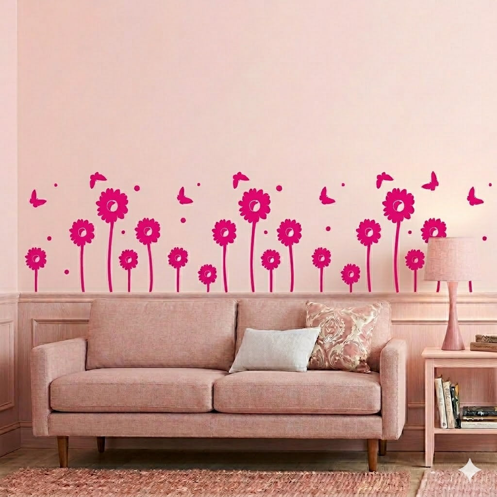Modern Sunflower Wall Sticker with Flying Butterflies size 22x45
