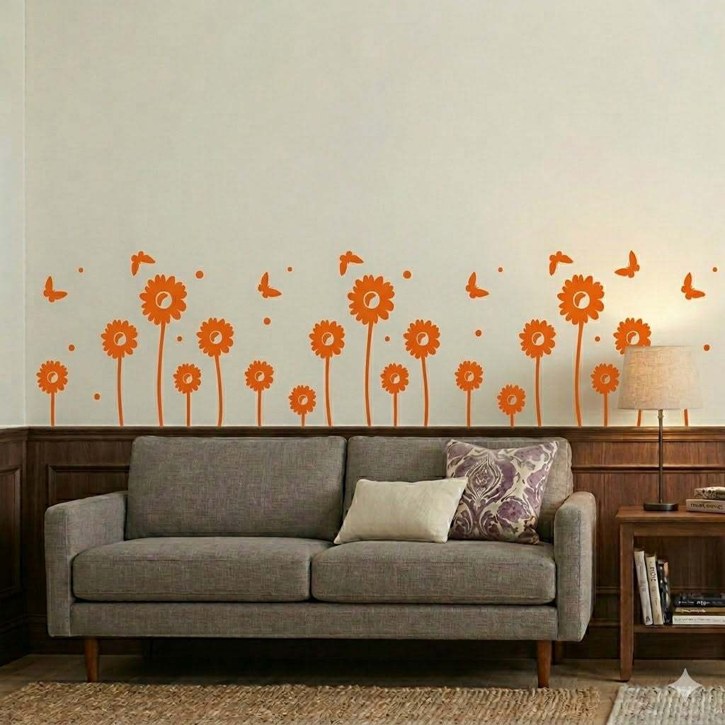 Modern Sunflower Wall Sticker with Flying Butterflies size 22x45