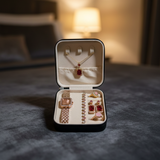 Elegant 6-Piece Rose Gold & Ruby Red Jewelry Gift Set – Includes Crystal-Encrusted Watch, Pendant Necklace, Matching Earrings, Tennis Bracelet, and Dual Statement Rings with Luxury Travel Case