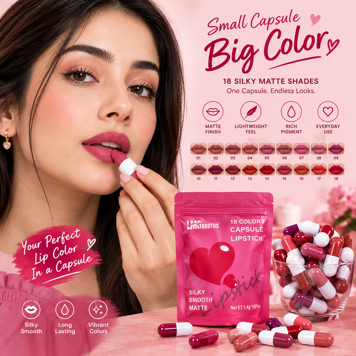 18 Colors Capsule Lipstick – Silky Matte Lipstick for Women | Smooth Finish, Rich Color & Compact Travel-Friendly Design