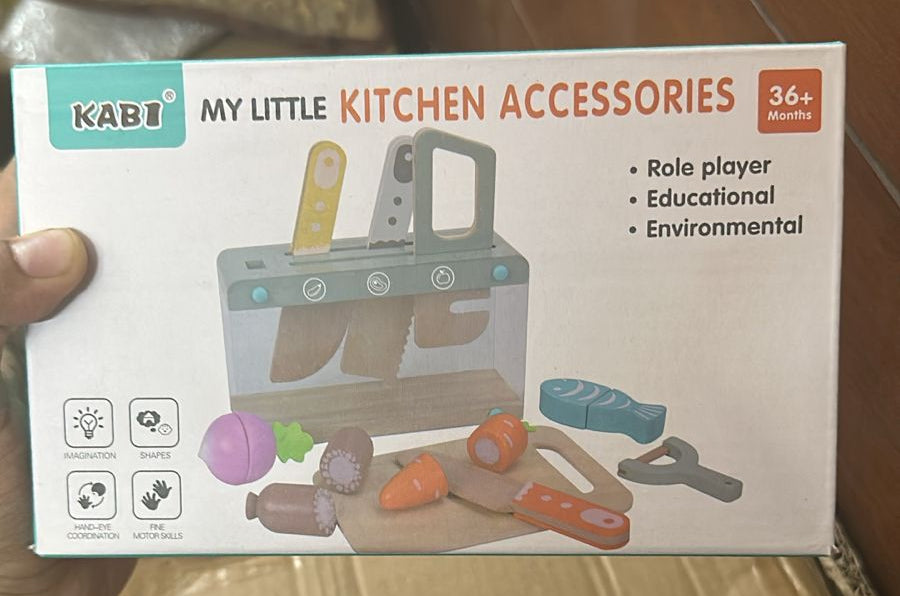 Wooden Kids Play Kitchen Set with Toy Utensils & Velcro Food – Montessori Pretend Cooking Playset