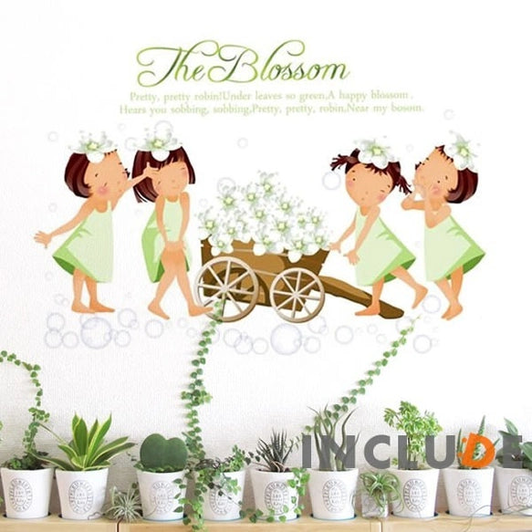 Generic PVC Girls Flower Trolley Pattern Room Wall Sticker Decal Mural size 70x50cm mj7025