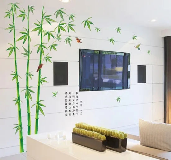Large Wall Sticker featuring Bamboo and Birds, Outdoor Landscape, Japanese Style, Kanji Characters, Green, Nature, Elegant, Bamboo Leaf Design, Reusable Interior Sticker size 120x180 sk2014 Wall Decor Sticker
