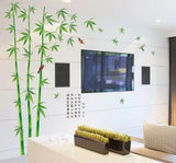 Large Wall Sticker featuring Bamboo and Birds, Outdoor Landscape, Japanese Style, Kanji Characters, Green, Nature, Elegant, Bamboo Leaf Design, Reusable Interior Sticker size 120x180 sk2014 Wall Decor Sticker