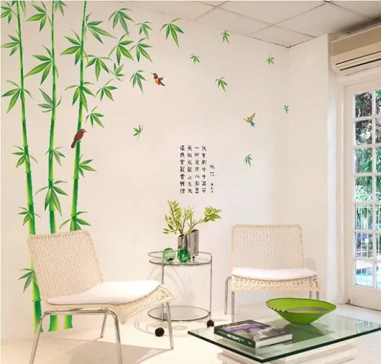 Large Wall Sticker featuring Bamboo and Birds, Outdoor Landscape, Japanese Style, Kanji Characters, Green, Nature, Elegant, Bamboo Leaf Design, Reusable Interior Sticker size 120x180 sk2014 Wall Decor Sticker
