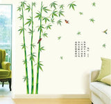 Large Wall Sticker featuring Bamboo and Birds, Outdoor Landscape, Japanese Style, Kanji Characters, Green, Nature, Elegant, Bamboo Leaf Design, Reusable Interior Sticker size 120x180 sk2014 Wall Decor Sticker