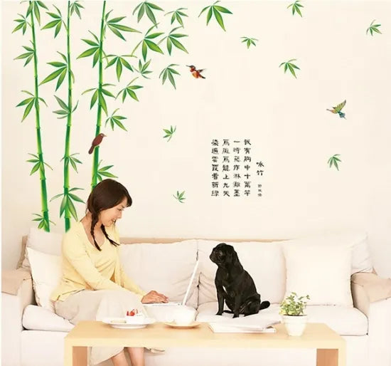 Large Wall Sticker featuring Bamboo and Birds, Outdoor Landscape, Japanese Style, Kanji Characters, Green, Nature, Elegant, Bamboo Leaf Design, Reusable Interior Sticker size 120x180 sk2014 Wall Decor Sticker