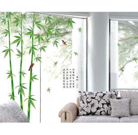 Large Wall Sticker featuring Bamboo and Birds, Outdoor Landscape, Japanese Style, Kanji Characters, Green, Nature, Elegant, Bamboo Leaf Design, Reusable Interior Sticker size 120x180 sk2014 Wall Decor Sticker