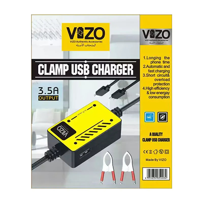 Vizo V5000 – Multi-Port Clip Charger | V5000 – 3.5A Multi-Port Clip Charger with Micro USB, Type-C &amp; USB-A | Versatile Clamp Design for Smartphones &amp; Tablets
