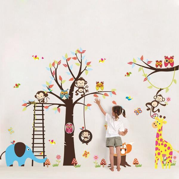 Owls Monkeys Lion Elephant Birds Flowers Tree Ladder Wall Decal PVC Home Sticker House Vinyl Paper Decoration WallPaper Living Room Bedroom Kitchen Art Picture DIY Murals Girls Boys kids Nursery Baby