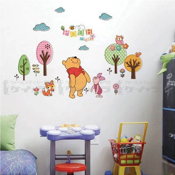 Jungle Theme Pooh Bear, Piglet, Cat and Owl Artistic Decal Wall Sticker for Kids Room abc 1021 60x90cm
