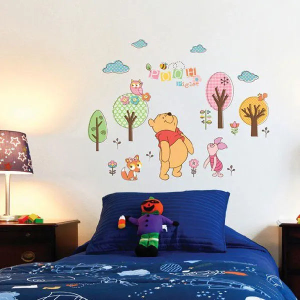 Jungle Theme Pooh Bear, Piglet, Cat and Owl Artistic Decal Wall Sticker for Kids Room abc 1021 60x90cm