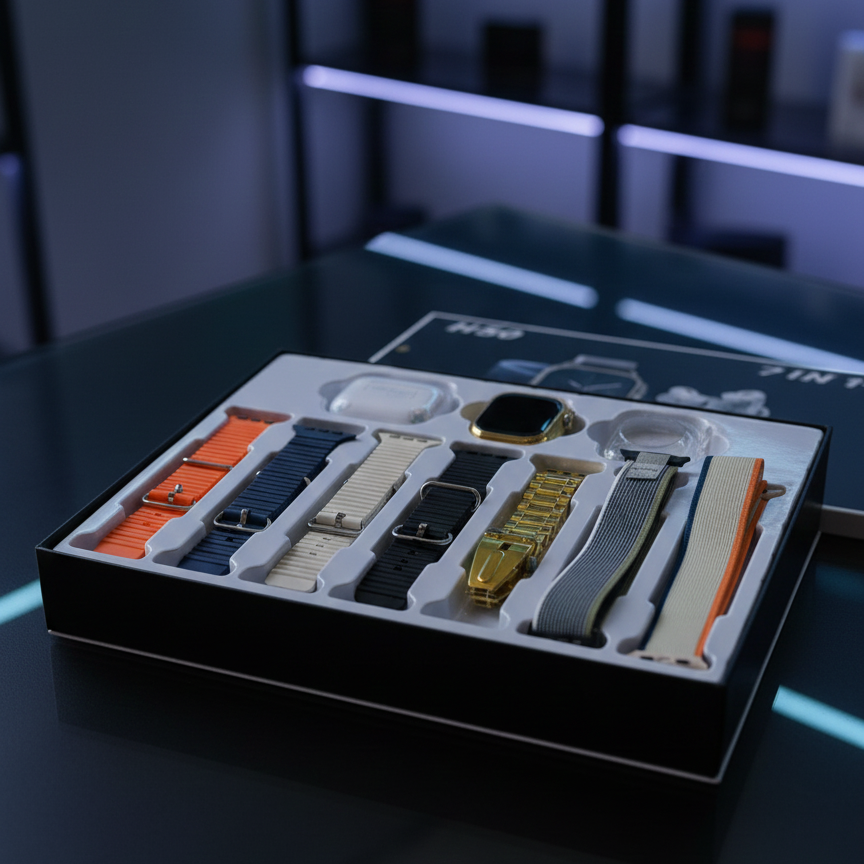 H50 Smart Watch 7?in?1 Set | Golden Design | With AirPods & Accessories