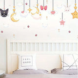 Sky, Moon, Clouds, Cats and Rabbits Pattern Wall Sticker, Suitable for TV Background, Window, Dining Room,
