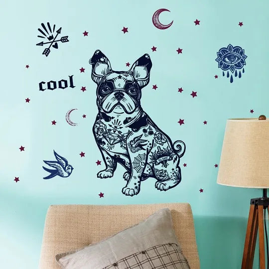 Wall Sticker French Bulldog Boston Terrier Iggy Paisley Night Moon Star Diamond Round Brilliant Cut size 50x70 sk7125