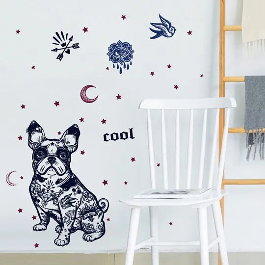 Wall Sticker French Bulldog Boston Terrier Iggy Paisley Night Moon Star Diamond Round Brilliant Cut size 50x70 sk7125