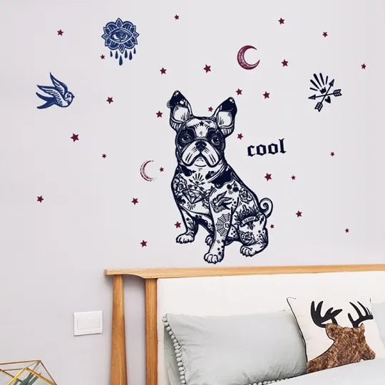Wall Sticker French Bulldog Boston Terrier Iggy Paisley Night Moon Star Diamond Round Brilliant Cut size 50x70 sk7125