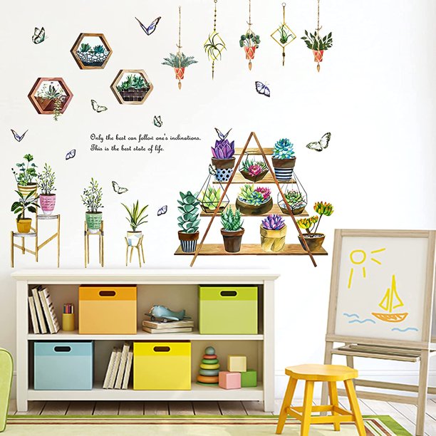 Bonsai wall stickers with hanging green succulent plants, removable potted flower butterfly wallpaper decals, natural art murals for bedroom, sofa, background, window, door, decorations by Vhermosa  size 30x45cm ht94020