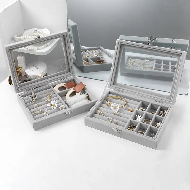Mistico Velvet Carrying Case with Glass Cover Jewelry Ring Display Box Tray Holder Storage Box Organizer Earrings Bracelet Showcase