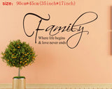 Family where life begins and love never ends wall sticker 30cm by 60 cm
