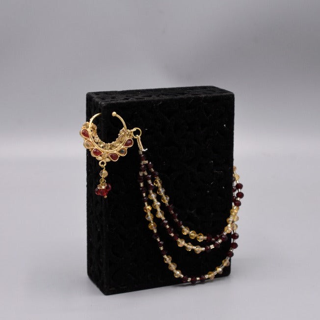 Nose Ring Nath with Chain Piercing & Non piercing mahroon