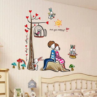 Sweet love theme wall sticker, boy and girl, love tree size 50x70 ay924
