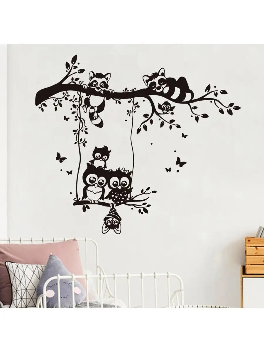 Wall Stickers Owls on Swing Owl Tree Owl with Name of Choice and Spots (M1577 Butterflies – Assorted Colour, black, size 45x60 aqm024