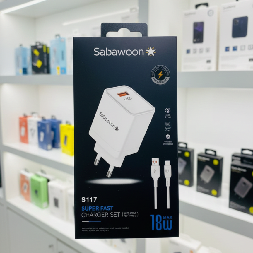 Sabawoon S117 Charger | 18W Fast Charging | 100% Original Quality | Adaptor with Type?C Cable