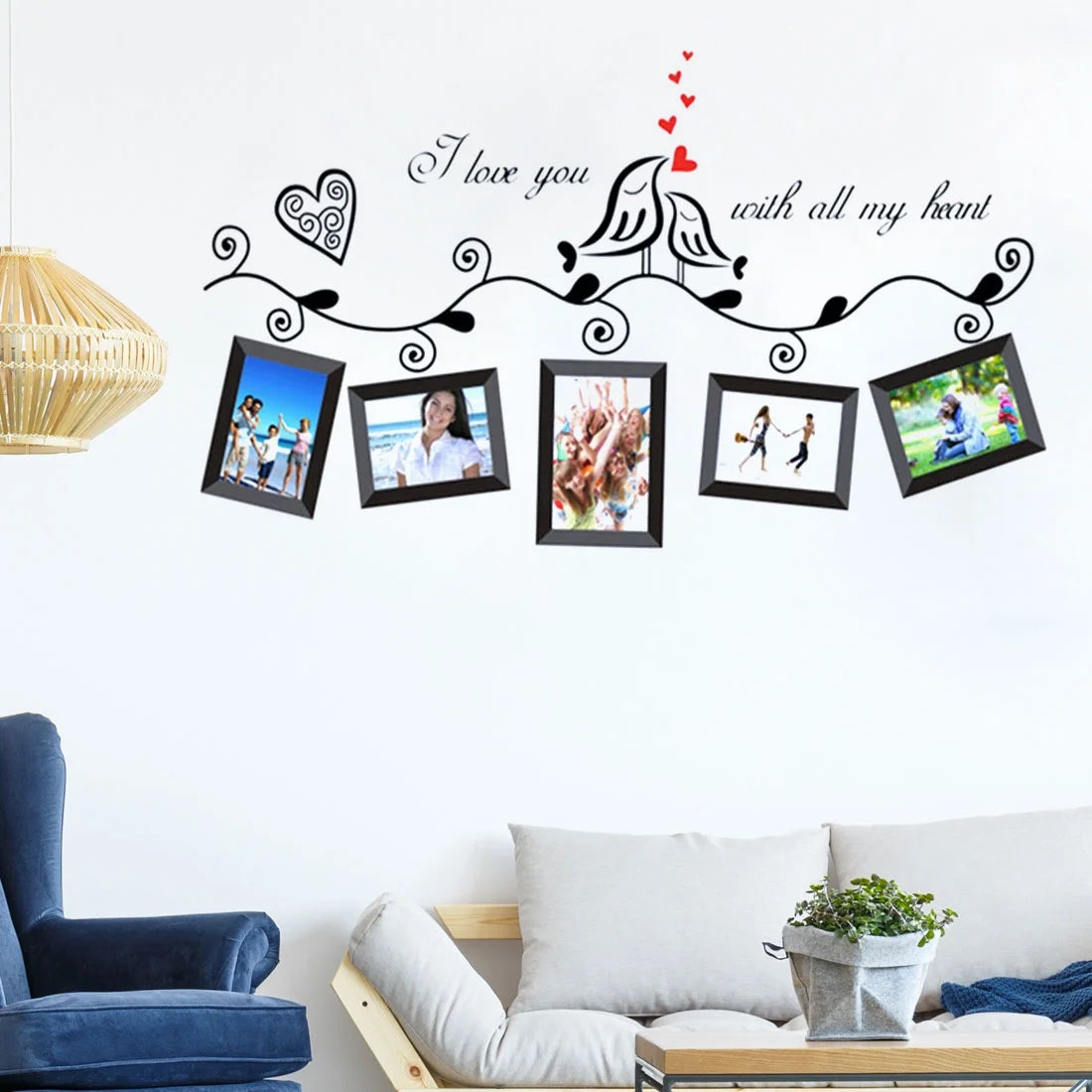 Angoily Photo Frame Wall Sticker with Heart Birds Removable PVC Decal for Living Room Bedroom Glass Window and Sofa Decor size 45x60 ay640b