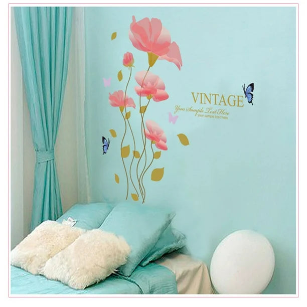 3D Romantic Warm Pink Enchanting Flower Wall Stickers Wall Decal PVC Transparent Film for Living Room Children's Room TV Sofa Background Wall Art Decors