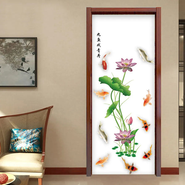 feng shui fish carp lotus flowers  Wall decal High quality printed wall sticker with glue on the back of the fish pond and lotus pattern GS9438 Size: 60x90cm