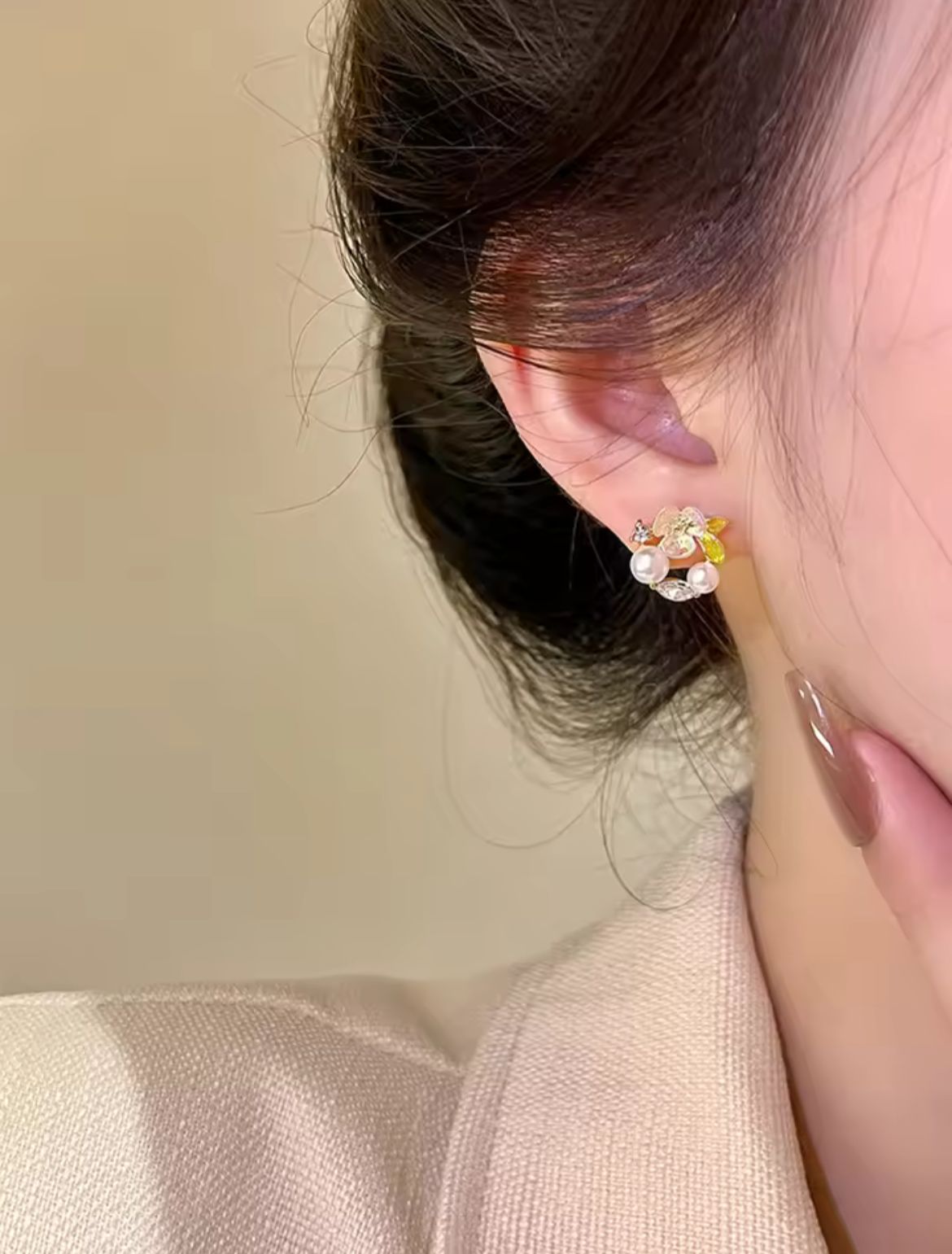 AWT-118 Korean Leaf Sparkling Pearl Earrings – | Elegant Leaf Design With Premium Pearls, Perfect for Daily Wear, Parties & Special Occasions red