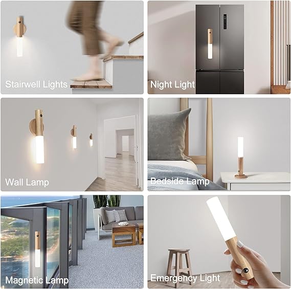 LED Wood Night Light PIR Motion Sensor Magnetic Wall Lamp USB Rechargeable Lights Home Staircase Bedroom Lamp Bedside Lighting