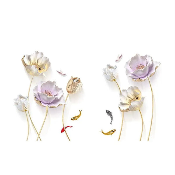 Runtoo 3D Flower Wall Stickers Gold Lotus Floral Wall Art Decals for Living Room Bedroom TV Background Wall Decor GS9720  Size: 60x90cm