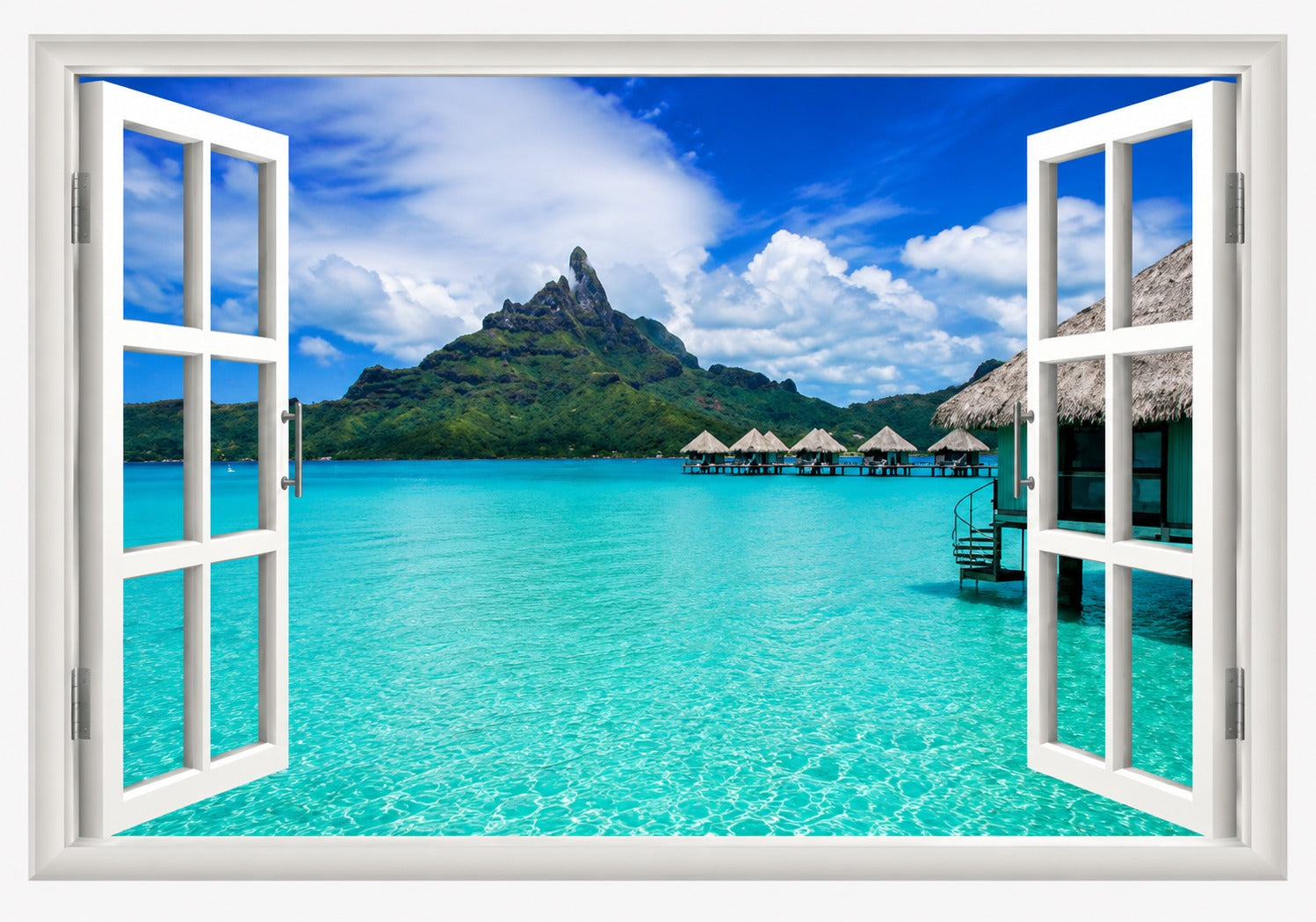 Sea View Fake Window Art Mural Palm Tree 3d Vinyl Wall Stickers Home Decoration Blue Sky Clear Water Scenery Wallpaper size 50x70 ncs14130