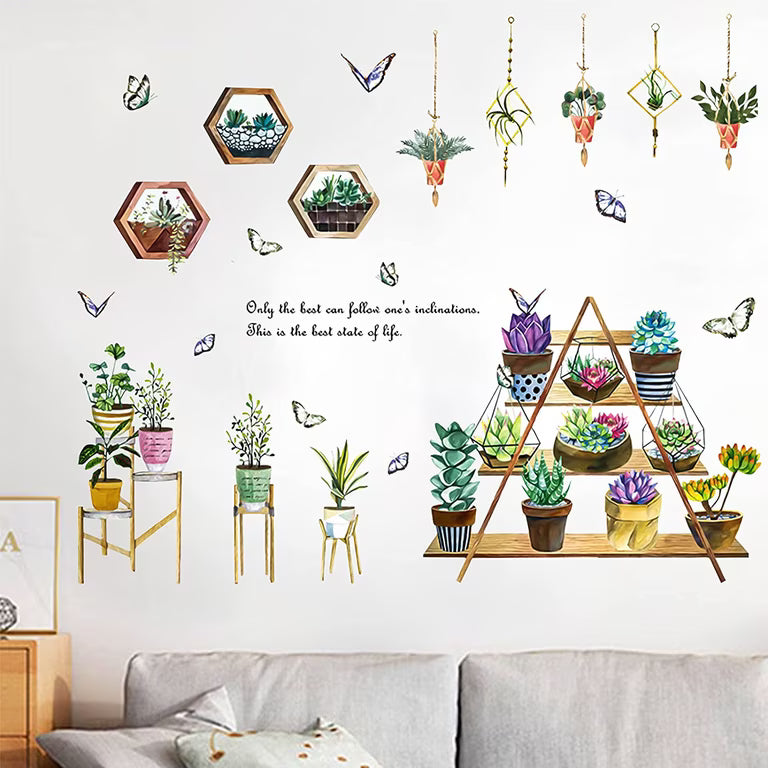 Bonsai wall stickers with hanging green succulent plants, removable potted flower butterfly wallpaper decals, natural art murals for bedroom, sofa, background, window, door, decorations by Vhermosa  size 30x45cm ht94020