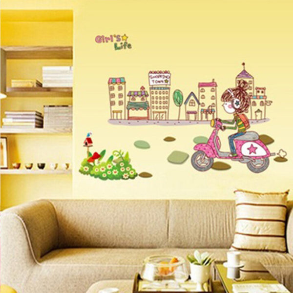 Girl On Bike In City Wallpaper Sticker, Creative PVC Wall sticker Ay7122
