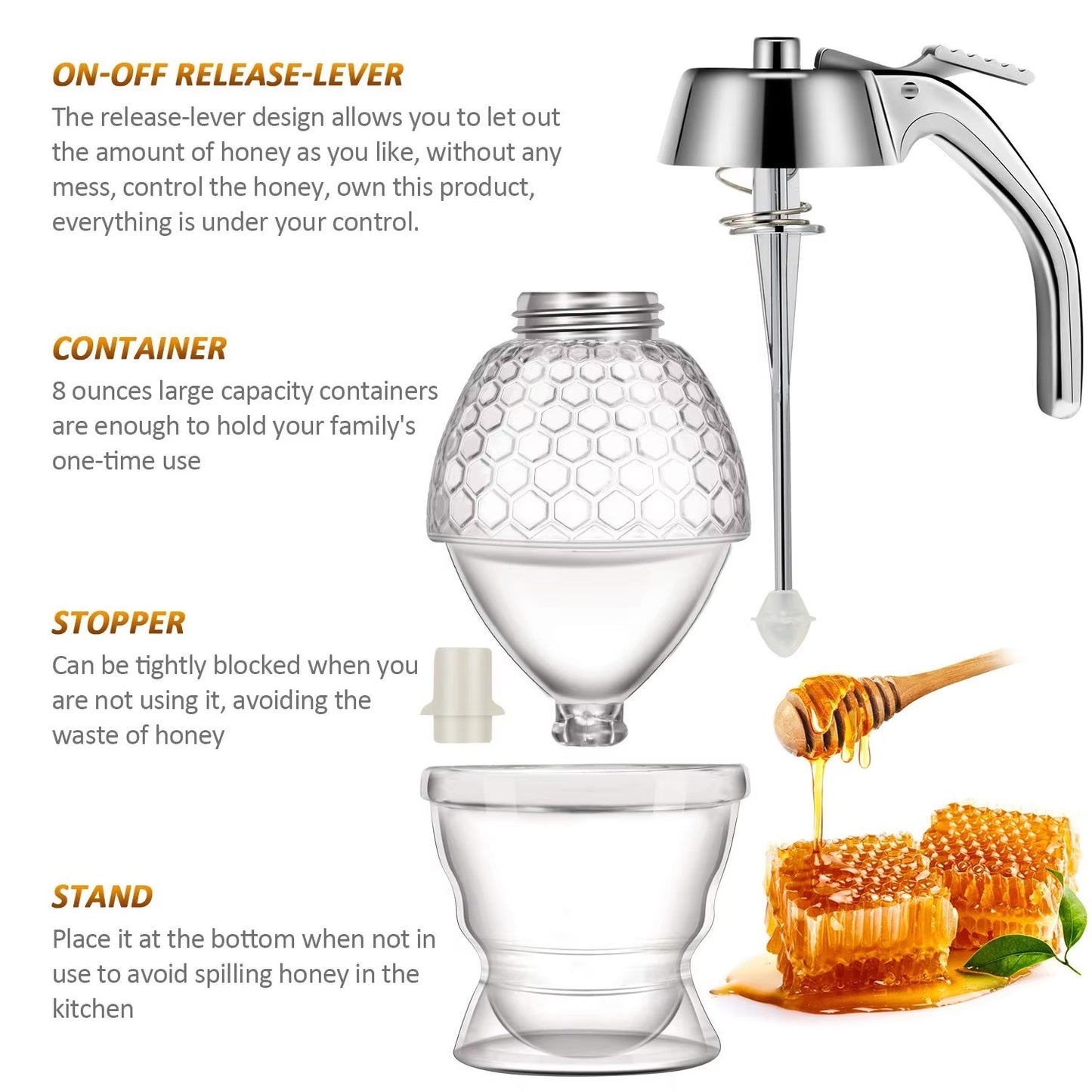 Honey Dispenser 200ML | No-Drip Syrup Pot & Juice Storage Jar | Easy-Pour Bee Design Container for Honey, Maple Syrup, Sauces & Kitchen Use