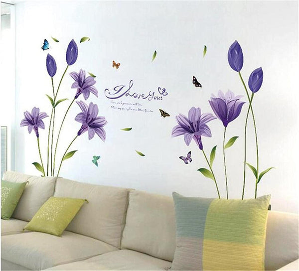 Romantic Lily Flower Butterfly Wall Sticker Living Room Bedroom Wall ay9242