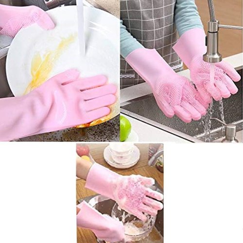 Pair of Silicone Washing Full Finger Gloves For Home &amp; Kitchen (Random Colors)