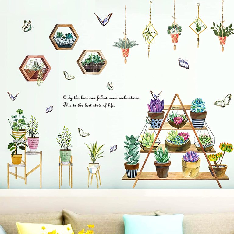 Bonsai wall stickers with hanging green succulent plants, removable potted flower butterfly wallpaper decals, natural art murals for bedroom, sofa, background, window, door, decorations by Vhermosa  size 30x45cm ht94020