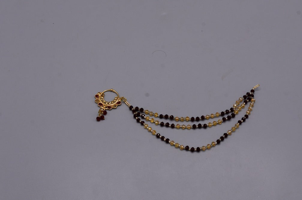 Nose Ring Nath with Chain Piercing & Non piercing mahroon