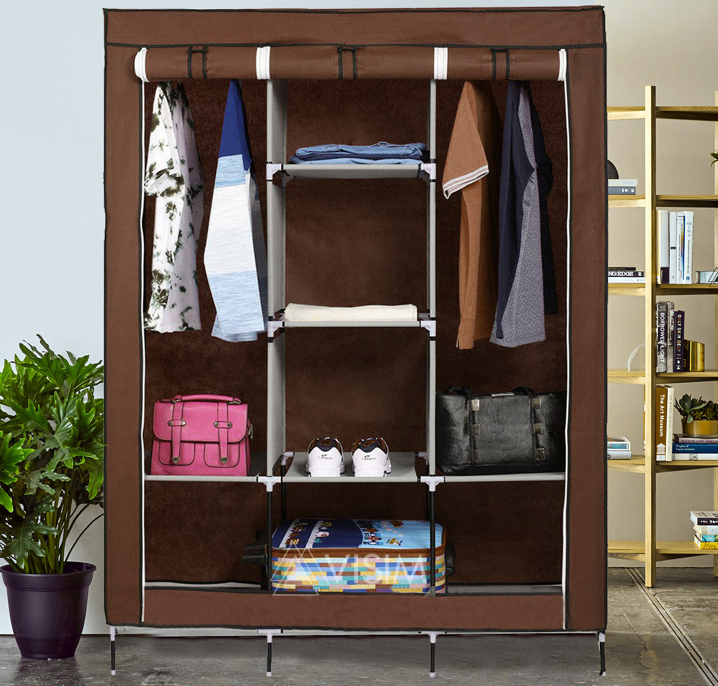 3 Door Fancy &amp; Portable Foldable Closet Wardrobe Storage Organizer with Shelves Foe Multi Purpose - Red