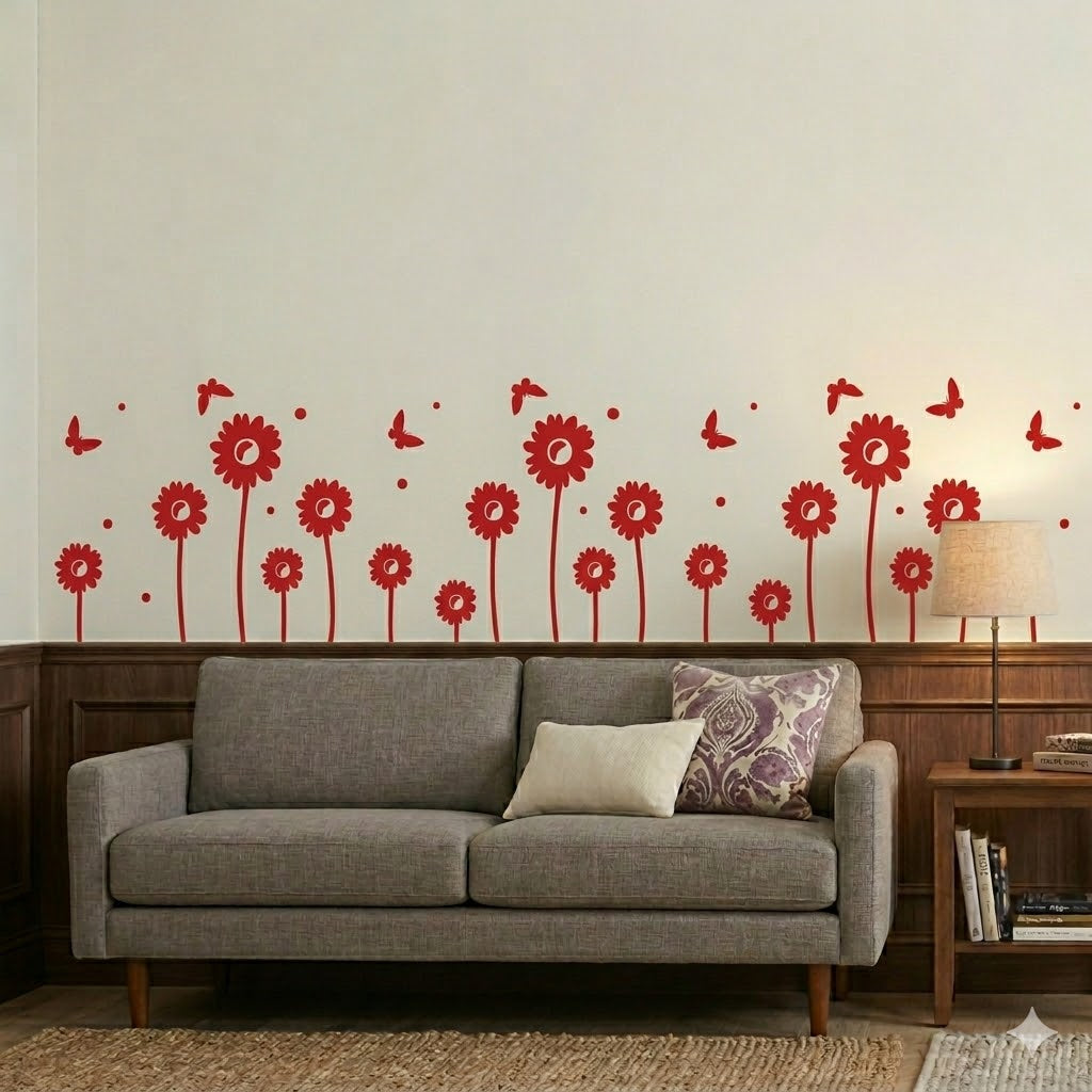 Modern Sunflower Wall Sticker with Flying Butterflies size 22x45