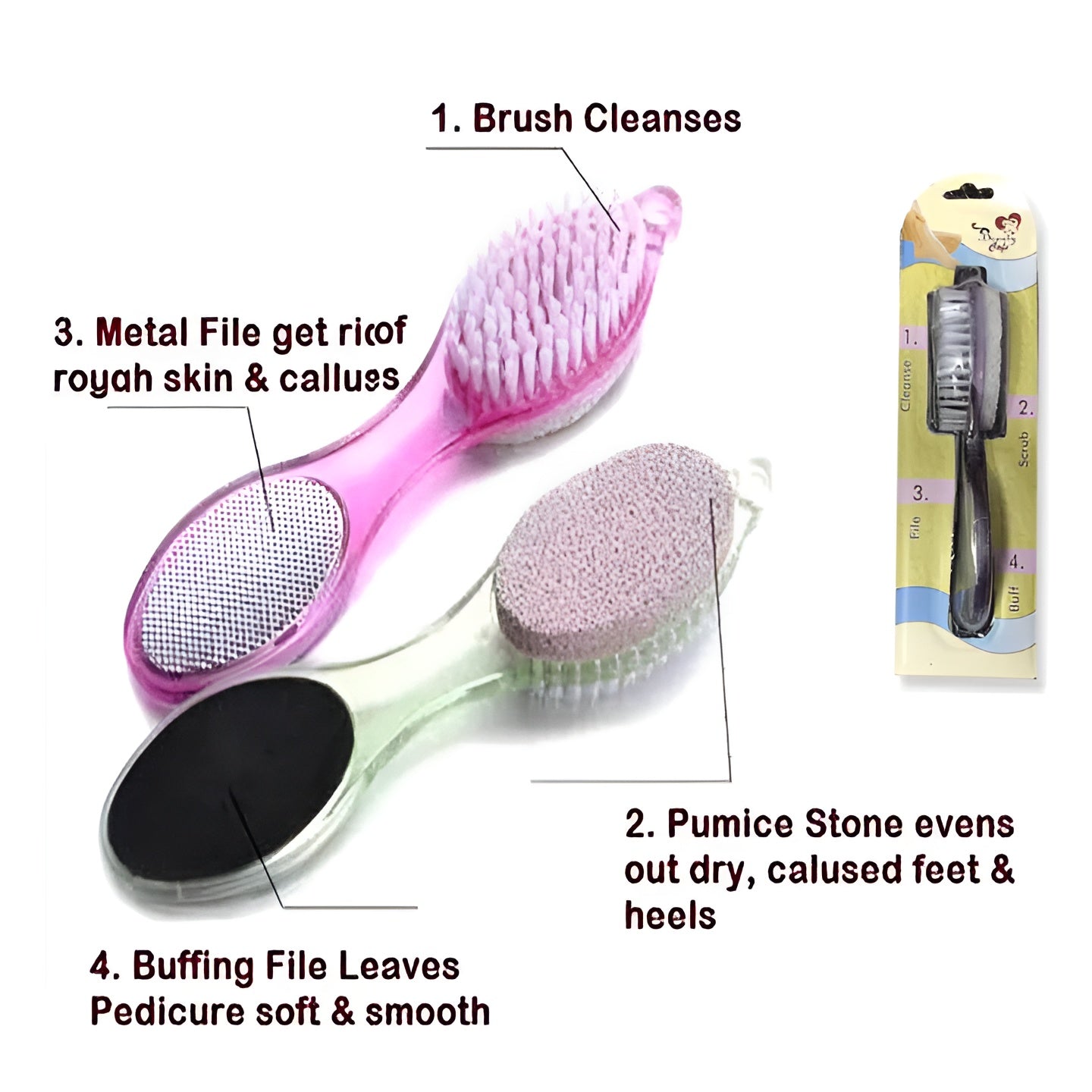 4 In 1 Foot scrubber | Multi Use Pedicure Paddle Brush - 4 Step Pedicure Cleanse, Scrub, File And Buff (Random color)