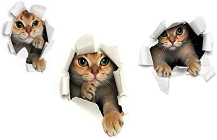 3PCS 3D Cats Wall Sticker Cartoon Animal Hole View Decals Removable DIY Decoration Pet Love for Baby Kids Nursery Room Kitchen Living Room Bedroom Bathroom size 50x70 sk6071