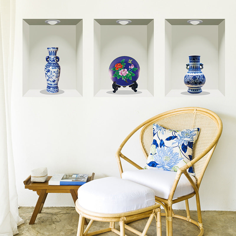 3D realistic blue and white porcelain vase wall stickers for bedrooms and studies, waterproof and moisture-proof.xh1022