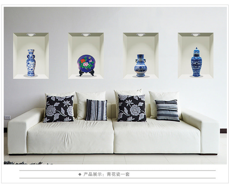 3D realistic blue and white porcelain vase wall stickers for bedrooms and studies, waterproof and moisture-proof.xh1022